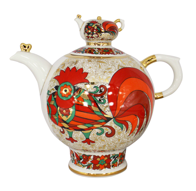 Lomonosov Porcelain Tea Pot Family Red Rooster 9 Cups 60.9 oz/1800 ml