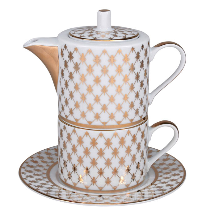 OMONOSOV PORCELAIN GIFT SET SOLO TEAPOT AND TEA CUP JAZZ GOLD NET