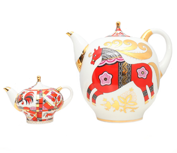LOMONOSOV PORCELAIN 2 PC TEAPOT SET RED HORSE 82.8 FL.OZ + 8.5 FL.OZ
