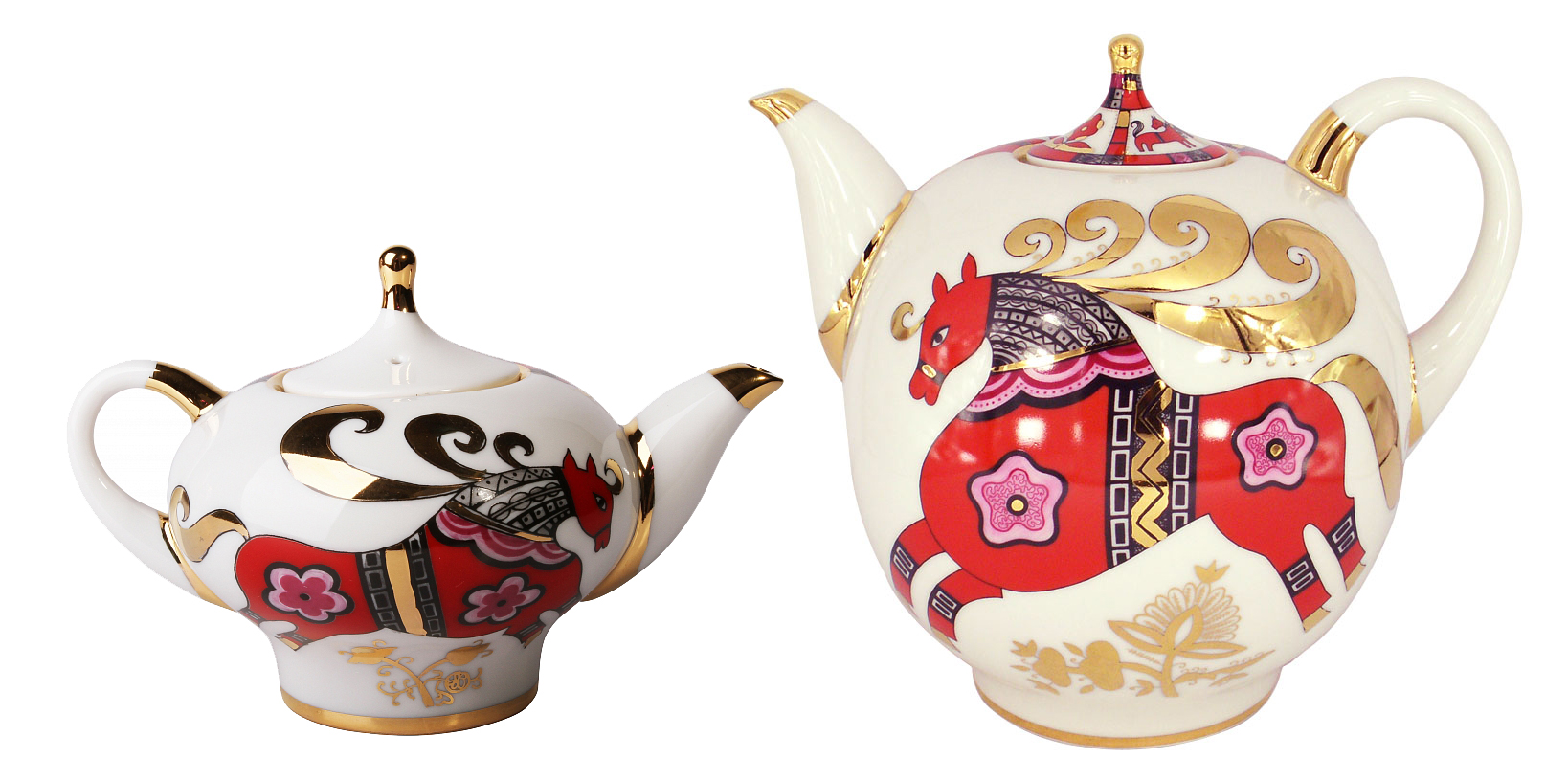 LOMONOSOV PORCELAIN 2 PC TEAPOT SET RED HORSE 82.8 FL.OZ + 8.5 FL.OZ