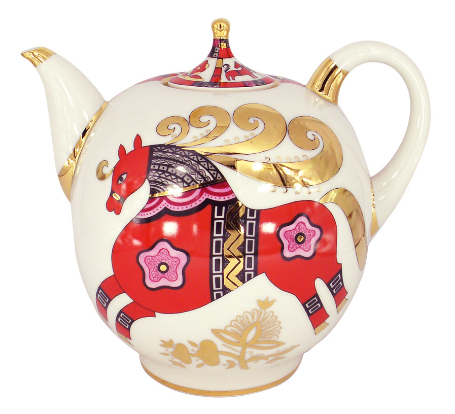 LOMONOSOV PORCELAIN 2 PC TEAPOT SET RED HORSE 82.8 FL.OZ + 8.5 FL.OZ