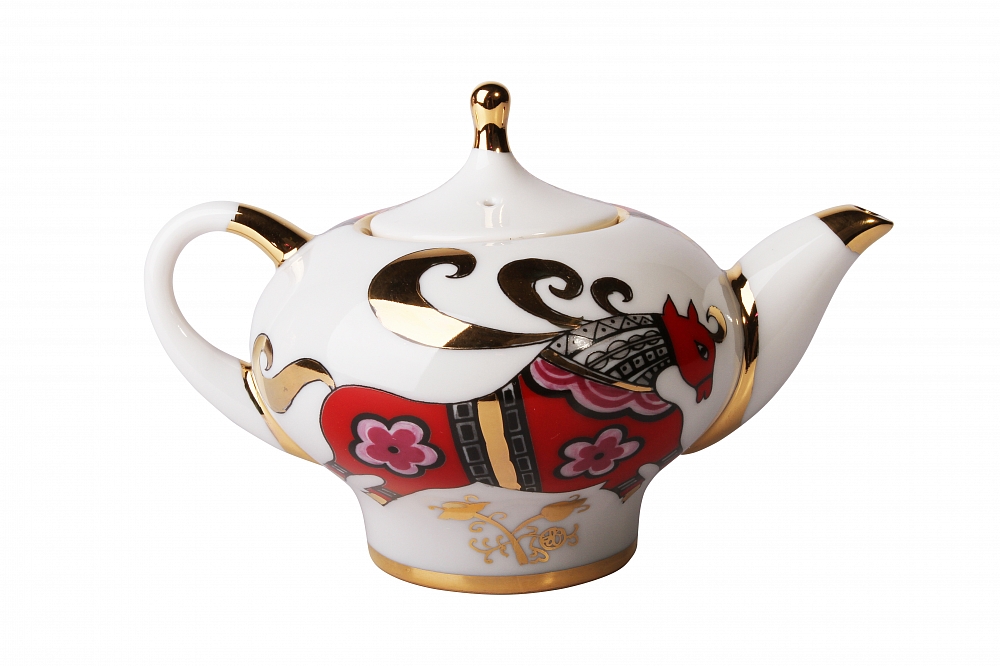 LOMONOSOV PORCELAIN 2 PC TEAPOT SET RED HORSE 82.8 FL.OZ + 8.5 FL.OZ
