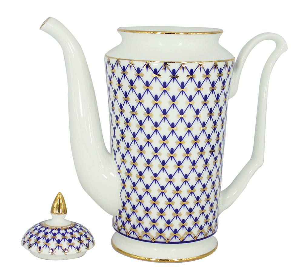Lomonosov Imperial Porcelain Bone China Coffee Pot Julia Cobalt Net 23.3 fl.oz/690 ml