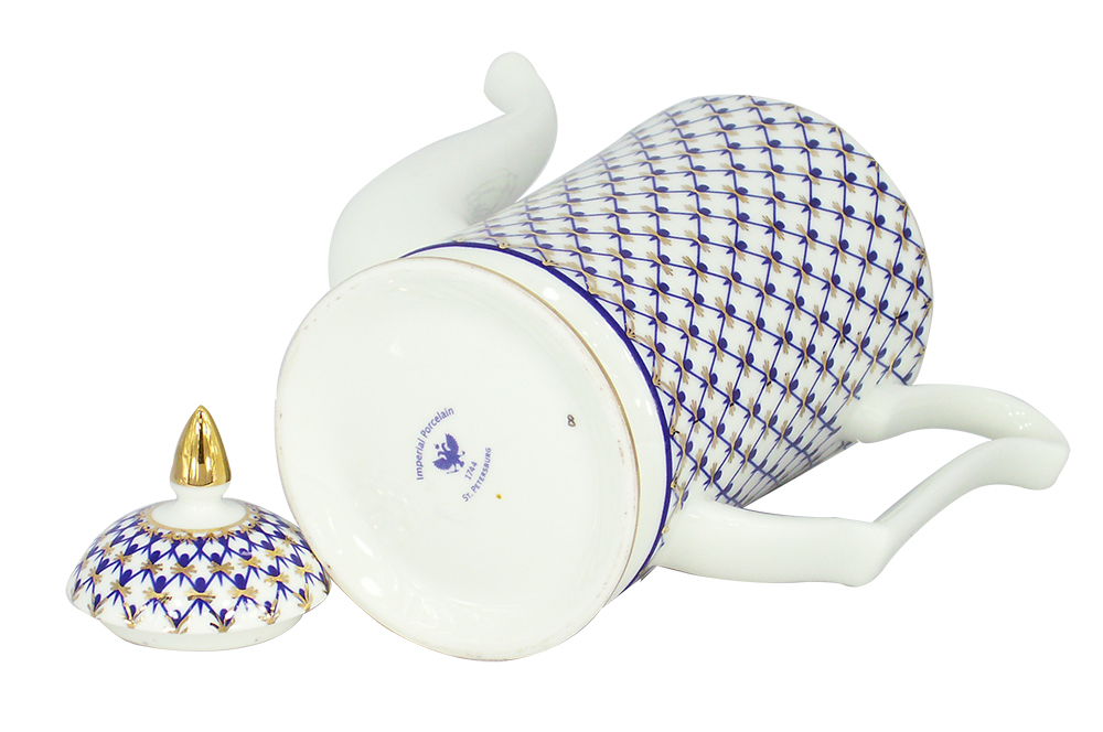 Lomonosov Imperial Porcelain Bone China Coffee Pot Julia Cobalt Net 23.3 fl.oz/690 ml