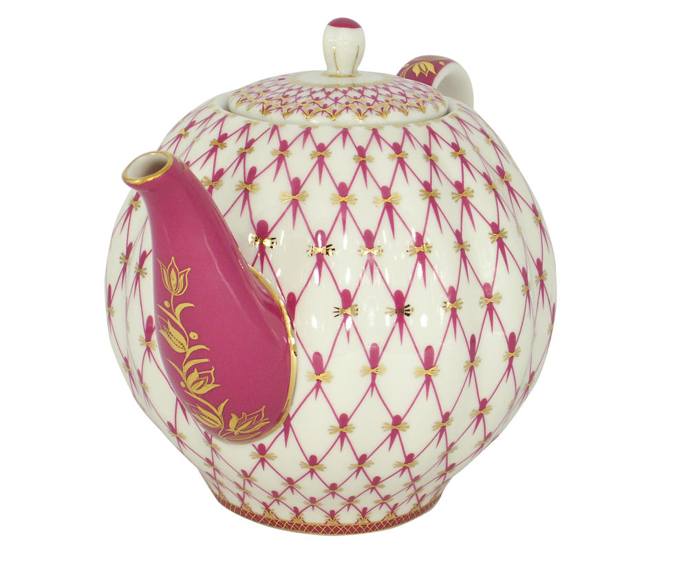 Lomonosov Imperial Porcelain Tea Pot Tulip Red Net 3 Cups 20 oz/600 ml