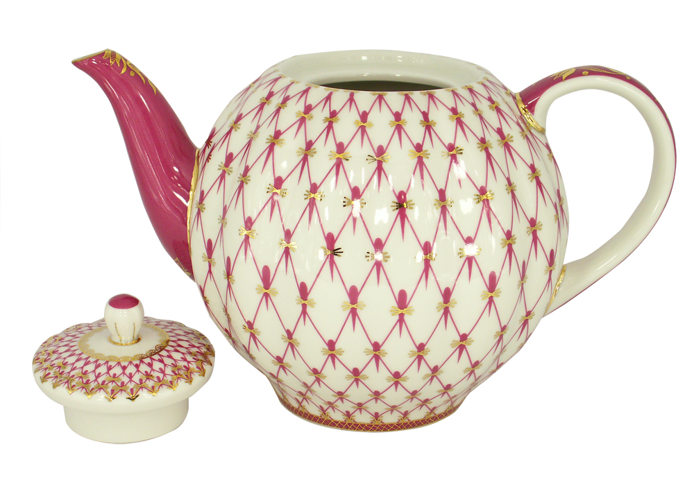 Lomonosov Imperial Porcelain Tea Pot Tulip Red Net 3 Cups 20 oz/600 ml
