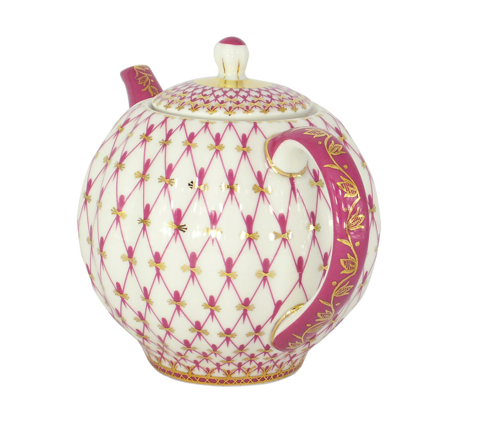 Lomonosov Imperial Porcelain Tea Pot Tulip Red Net 3 Cups 20 oz/600 ml