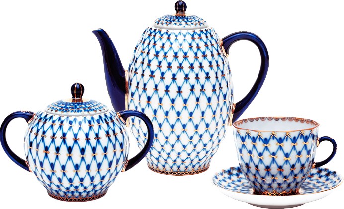 Lomonosov Imperial Porcelain Espresso/Coffee Set Tulip Cobalt Net 15 pc for 6 persons