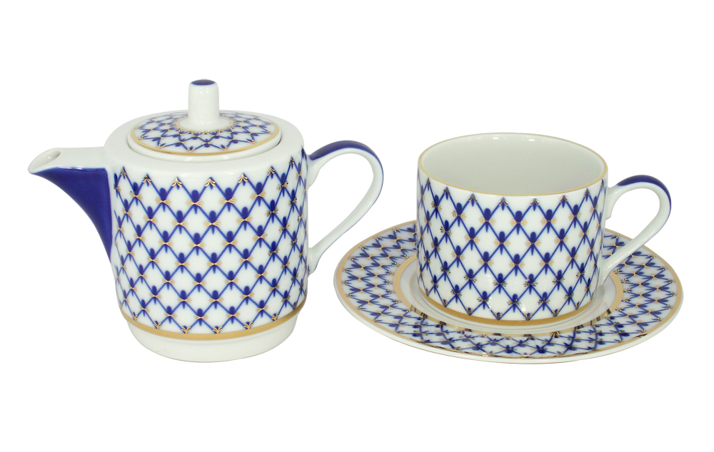 Lomonosov Imperial Porcelain Gift Set Solo Teapot and Tea Cup Cobalt Net