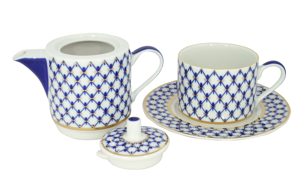 Lomonosov Imperial Porcelain Gift Set Solo Teapot and Tea Cup Cobalt Net