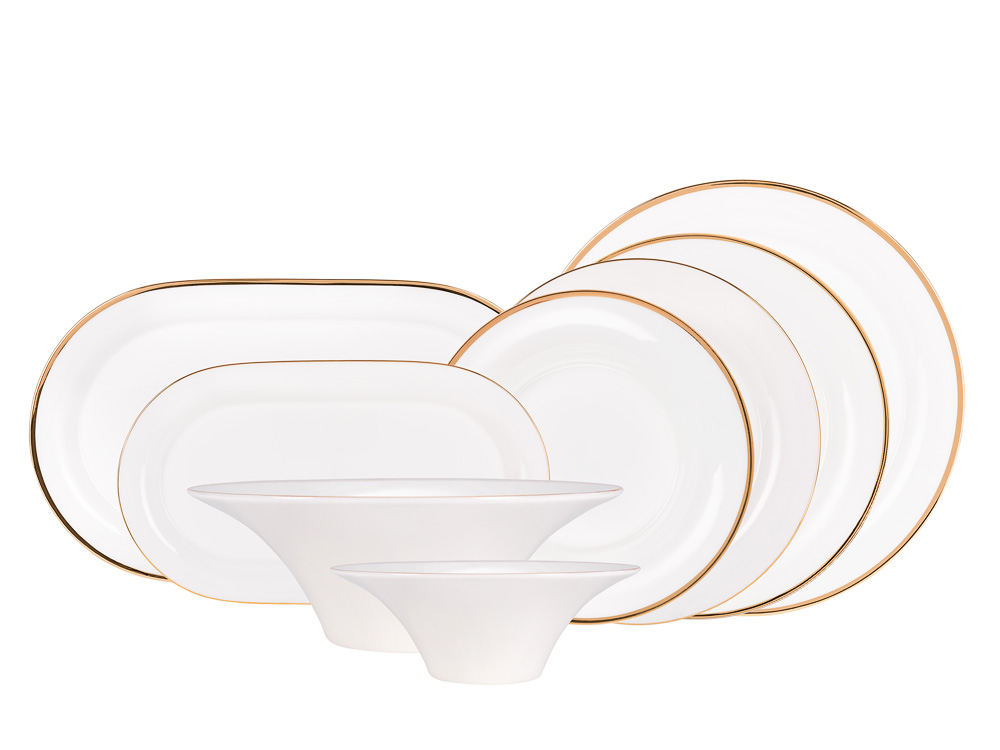 LOMONOSOV BONE CHINA PORCELAIN DINNER SET YULIANA GOLDEN RIBBON 24 ITEMS FOR 6 PERSONS