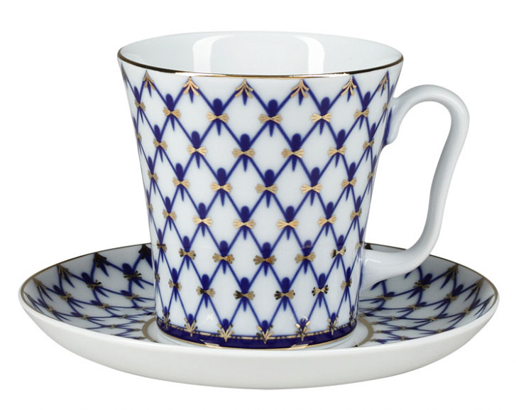 LOMONOSOV PORCELAIN MUG AND SAUCER COBALT NET LENINGRADSKII-2 12.2 FL.OZ/360 ML