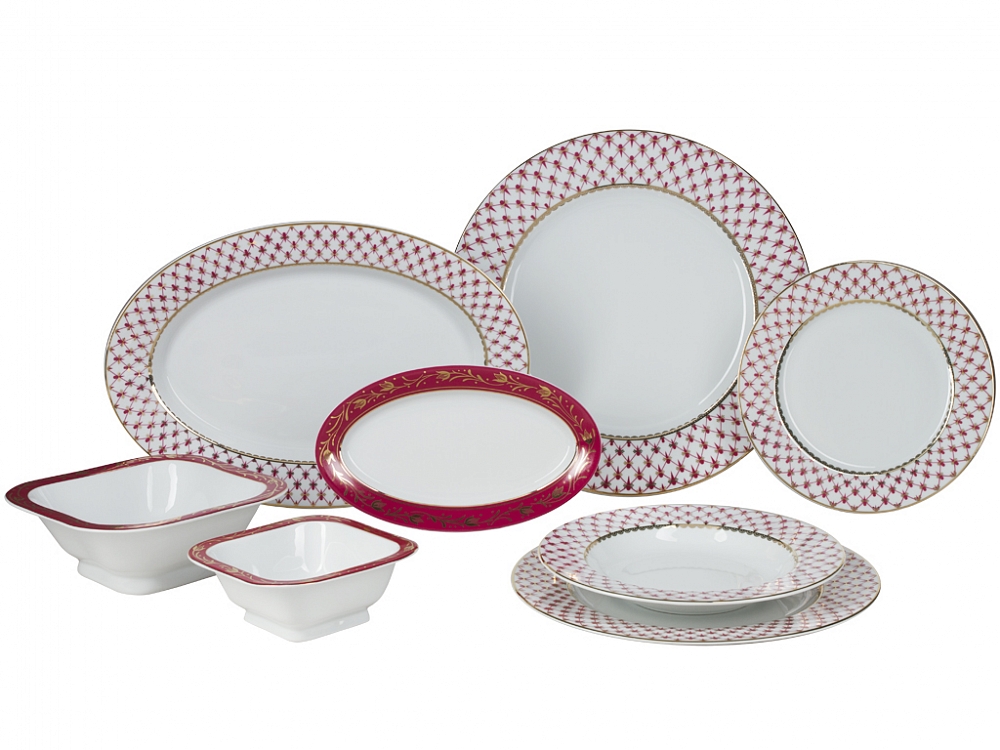 PORCELAIN DINNER SET EUROPEAN RED NET 24 ITEMS LOMONOSOV FACTORY