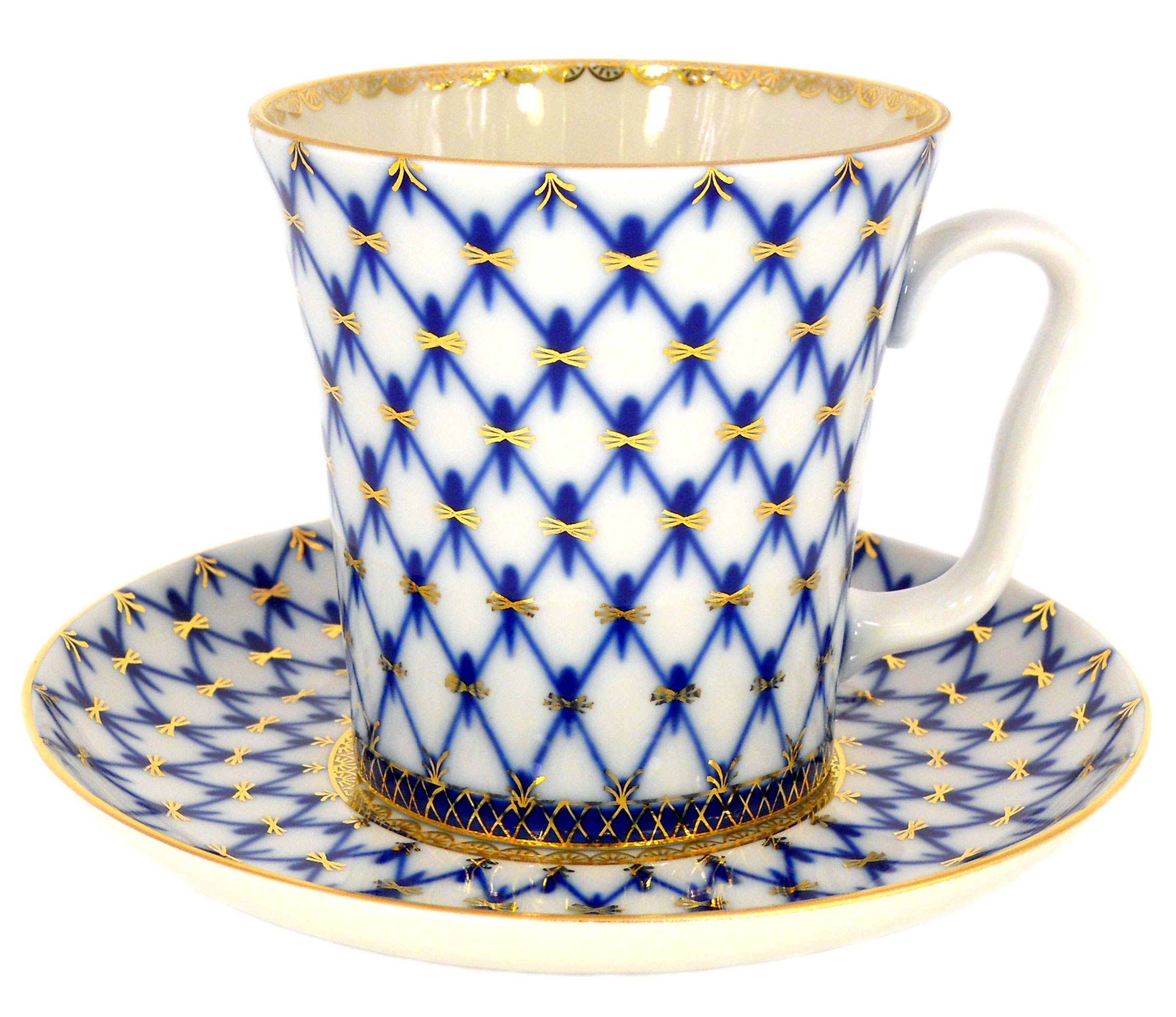 LOMONOSOV PORCELAIN MUG AND SAUCER COBALT NET LENINGRADSKII 12.2 FL.OZ/360 ML