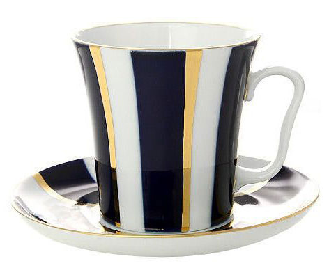 LOMONOSOV PORCELAIN MUG AND SAUCER COBALT STRIPES LENINGRADSKII 12.2 OZ/360 ML