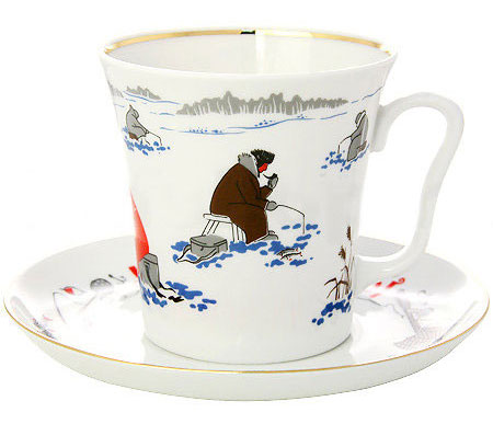 LOMONOSOV PORCELAIN MUG AND SAUCER FISHING LENINGRADSKII 12.2 FL.OZ/360 ML