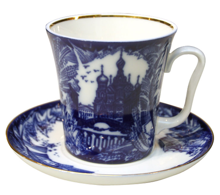 LOMONOSOV PORCELAIN MUG AND SAUCER FROSTY DAY LENINGRADSKII 12.2 FL.OZ/360 ML