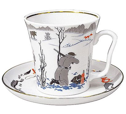 LOMONOSOV PORCELAIN MUG AND SAUCER HUNTING LENINGRADSKII 12.2 FL.OZ/360 ML