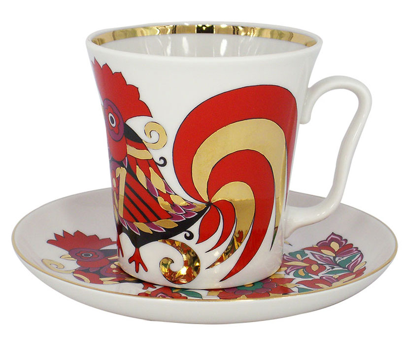 LOMONOSOV PORCELAIN MUG AND SAUCER RED ROOSTER LENINGRADSKII 12.2 OZ/360 ML