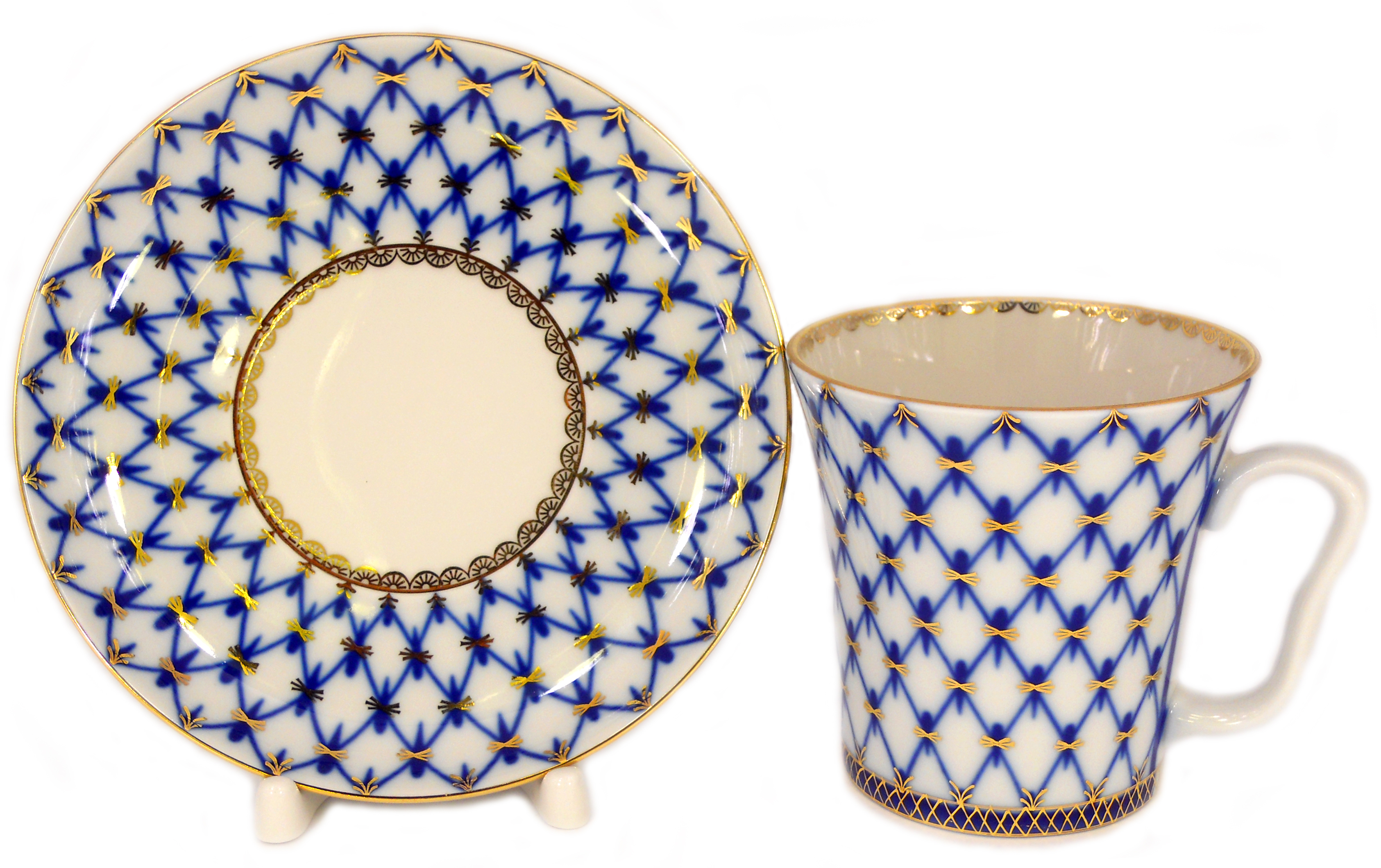 LOMONOSOV PORCELAIN MUG AND SAUCER COBALT NET LENINGRADSKII 12.2 FL.OZ/360 ML