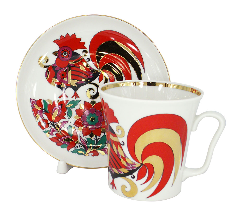LOMONOSOV PORCELAIN MUG AND SAUCER RED ROOSTER LENINGRADSKII 12.2 OZ/360 ML