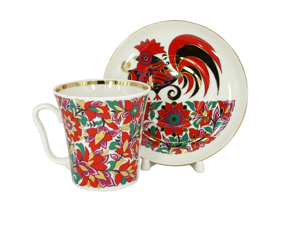 LOMONOSOV PORCELAIN MUG AND SAUCER RED ROOSTER LENINGRADSKII 12.2 OZ/360 ML