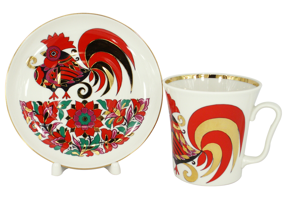 LOMONOSOV PORCELAIN MUG AND SAUCER RED ROOSTER LENINGRADSKII 12.2 OZ/360 ML