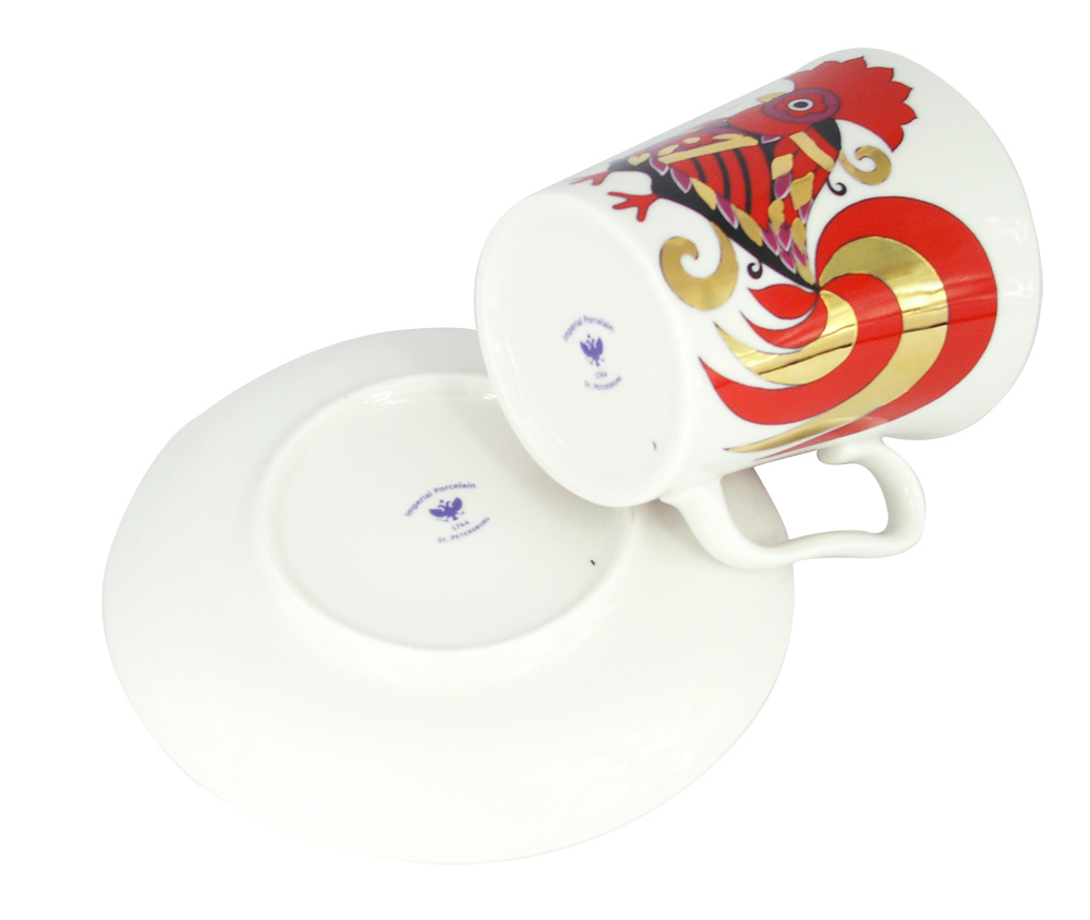 LOMONOSOV PORCELAIN MUG AND SAUCER RED ROOSTER LENINGRADSKII 12.2 OZ/360 ML