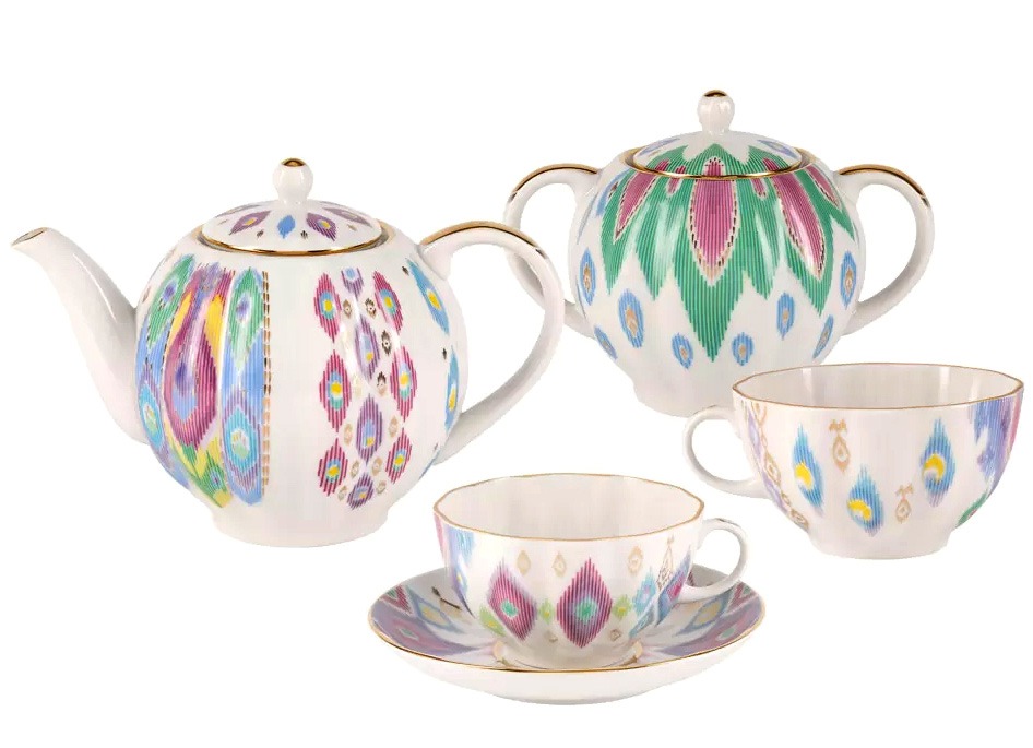 LOMONOSOV PORCELAIN TEA SET TULIP PEACOCK'S FEATHER 6/14