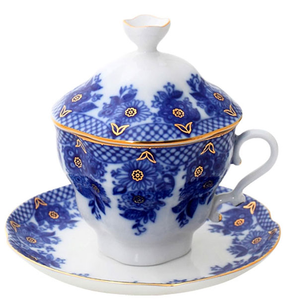 LOMONOSOV PORCELAIN COVERED TEA CUP AND SAUCER BASKET GIFT-2 8.45 OZ/250 ML