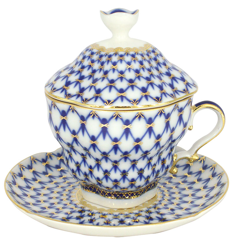 LOMONOSOV PORCELAIN COVERED CUP AND SAUCER COBALT NET GIFT-2 8.45 OZ/250 ML