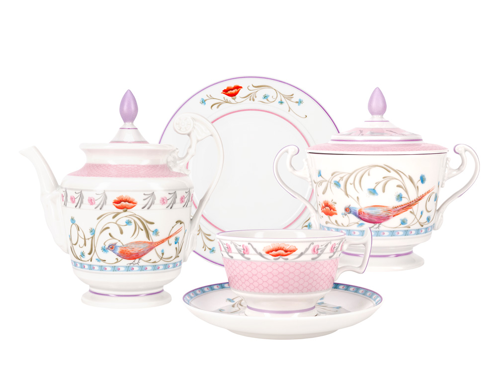 LOMONOSOV PORCELAIN TEA SET ALEXANDRIA PHEASANTS 6 PERSONS 20 ITEMS