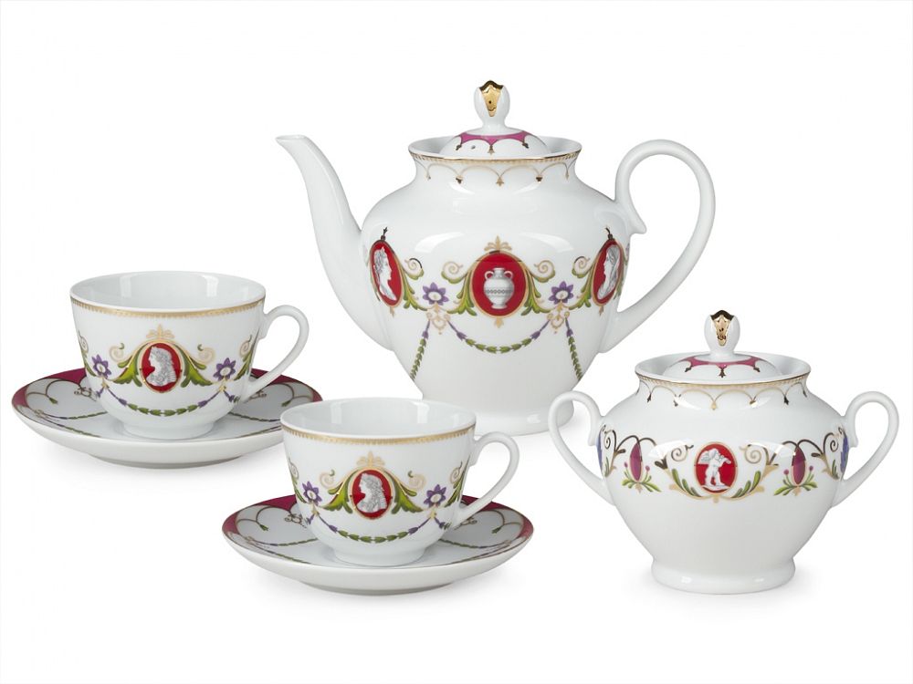 LOMONOSOV PORCELAIN TEA SET SPRING CAMEO 14 ITEMS