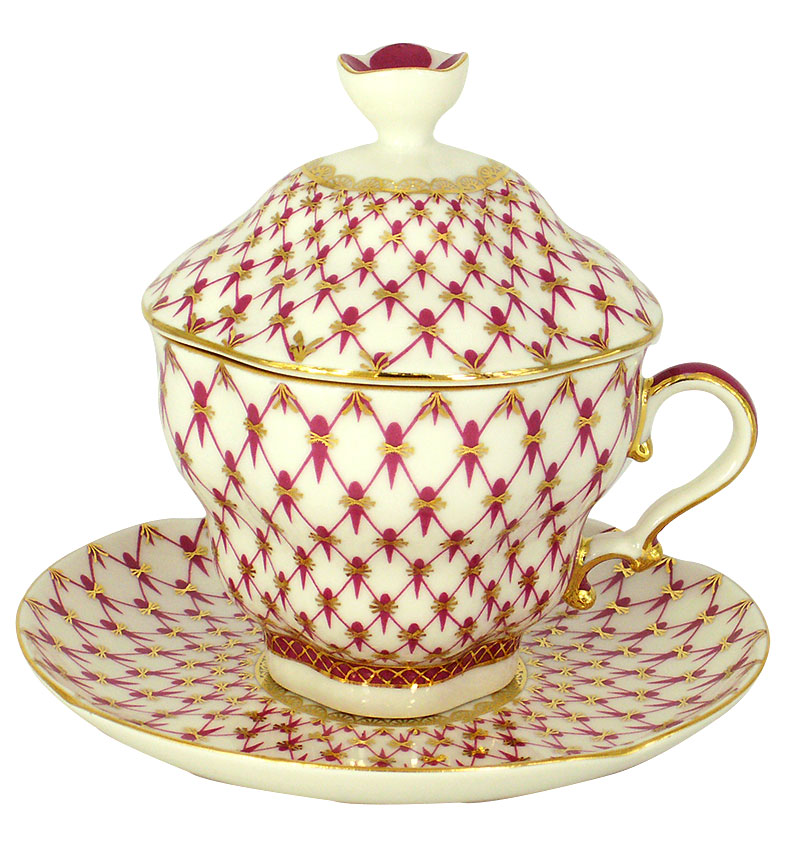 LOMONOSOV PORCELAIN COVERED CUP AND SAUCER RED NET GIFT-2 8.45 OZ/250 ML
