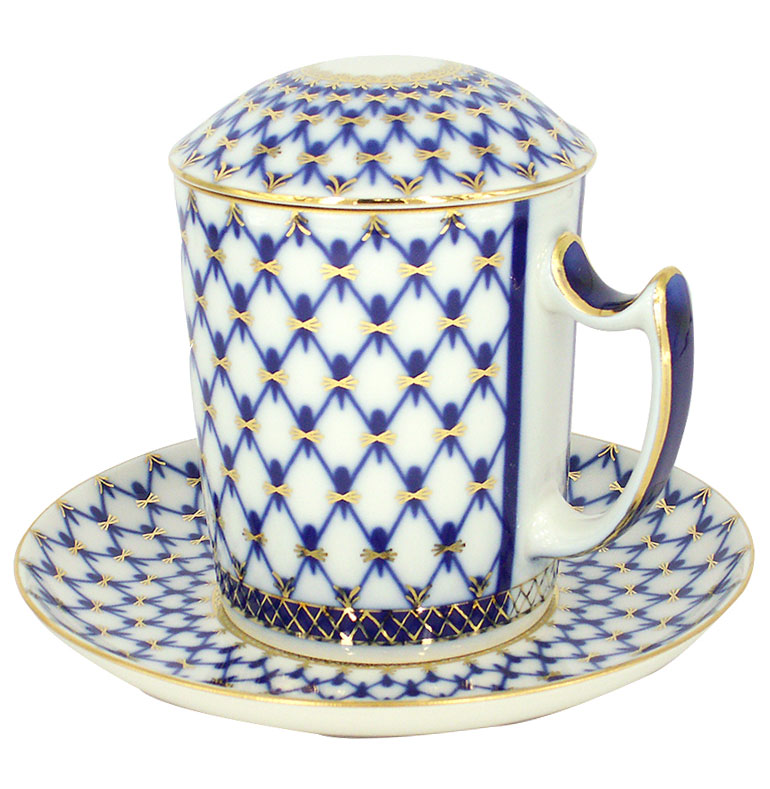 LOMONOSOV PORCELAIN COVERED MUG AND SAUCER COBALT NET 12.8 OZ