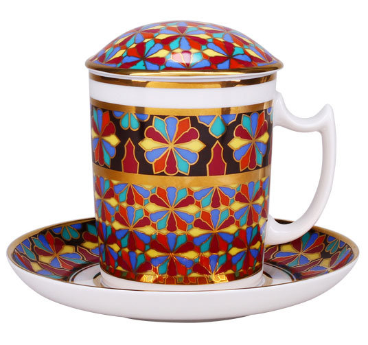 LOMONOSOV PORCELAIN COVERED TEA MUG AND SAUCER GOTHIC-1 12.8 OZ