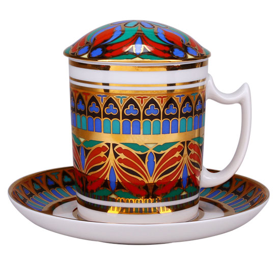 LOMONOSOV PORCELAIN COVERED TEA MUG AND SAUCER GOTHIC-7 12.8 OZ