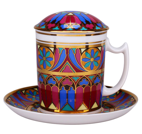 LOMONOSOV PORCELAIN COVERED TEA MUG AND SAUCER GOTHIC-10 12.8 OZ