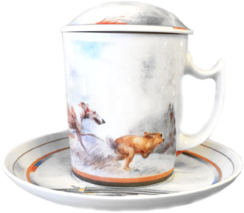 LOMONOSOV PORCELAIN COVERED TEA MUG AND SAUCER HUNTING 12.8 OZ