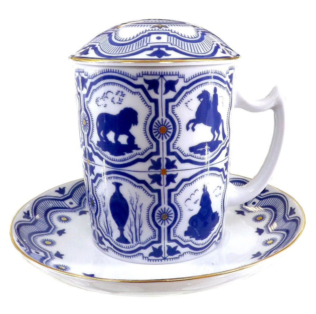 LOMONOSOV PORCELAIN COVERED TEA MUG AND SAUCER SOUVENIR 12.8 OZ