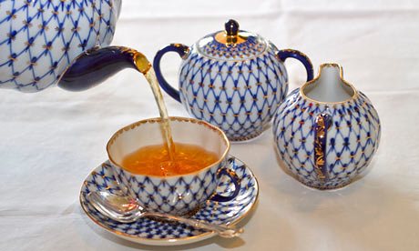 LOMONOSOV PORCELAIN TEA SET COBALT NET TULIP 16 ITEMS FOR 6 PERSONS