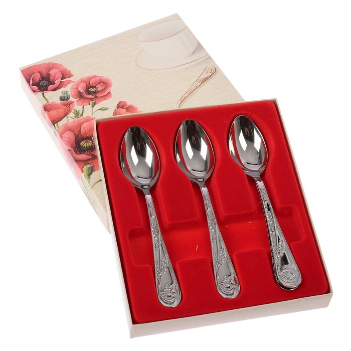 STAINLESS STEEL TEA SPOONS SET 6 SILVER POPPIES