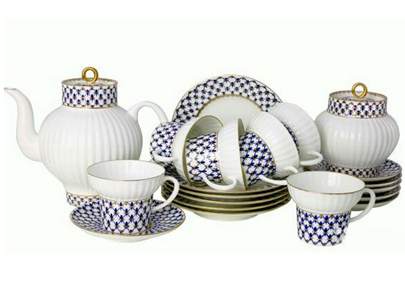 LOMONOSOV PORCELAIN TEA SET COBALT NET WAVE 21 ITEMS FOR 6 PERSONS BONE CHINA