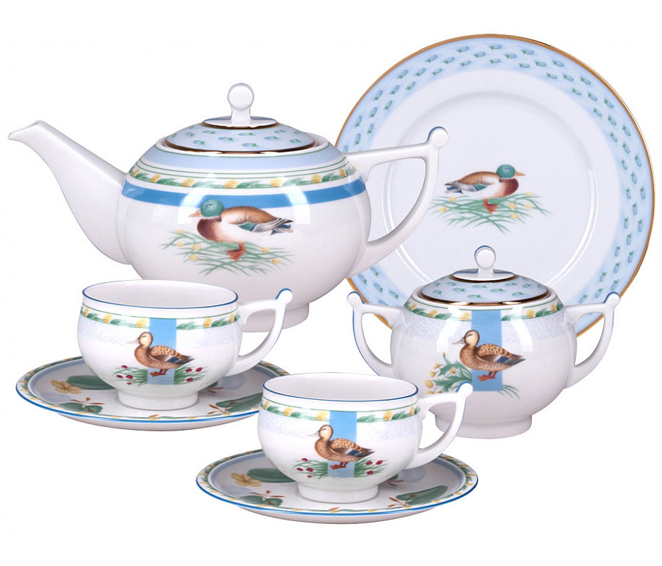 LOMONOSOV PORCELAIN TEA SET DUCKS IN BACKWATER 6/20