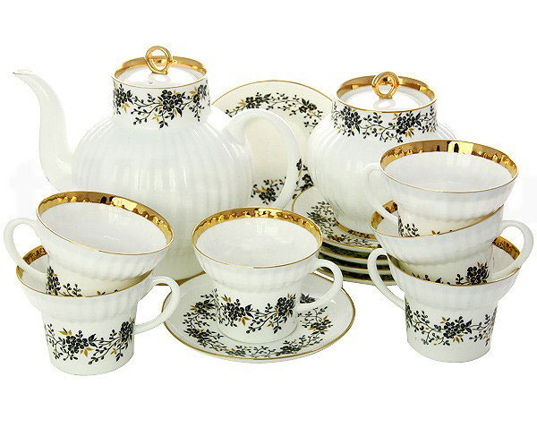 LOMONOSOV PORCELAIN TEA SET TINY BRANCHES WAVE BONE CHINA 6/20