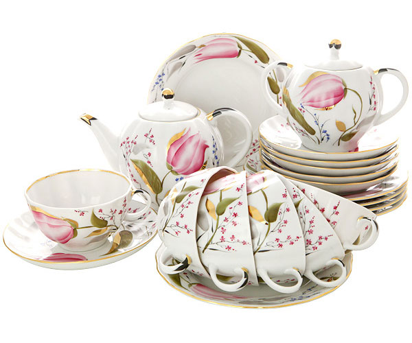 LOMONOSOV PORCELAIN TEA SET TULIP PINK TULIPS 6/20