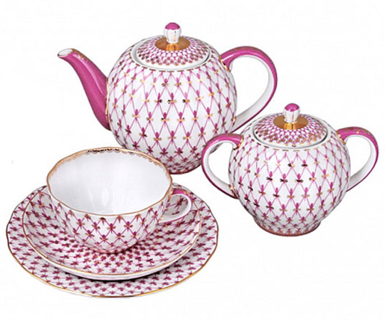 LOMONOSOV PORCELAIN TEA SET TULIP RED NET BLUES 6/20