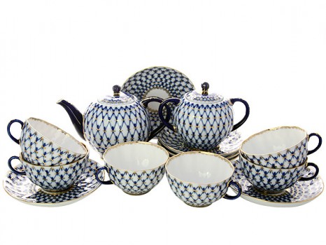LOMONOSOV PORCELAIN TEA SET COBALT NET TULIP 16 ITEMS FOR 6 PERSONS