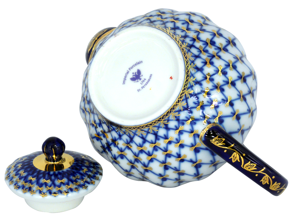 LOMONOSOV PORCELAIN TEA SET 6 PIECES COBALT NET TULIP