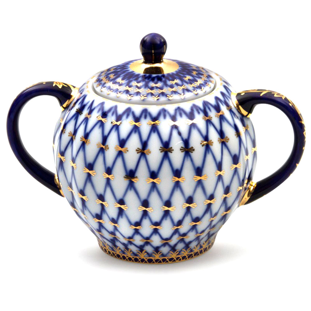 LOMONOSOV PORCELAIN TEA SET COBALT NET TULIP 16 ITEMS FOR 6 PERSONS